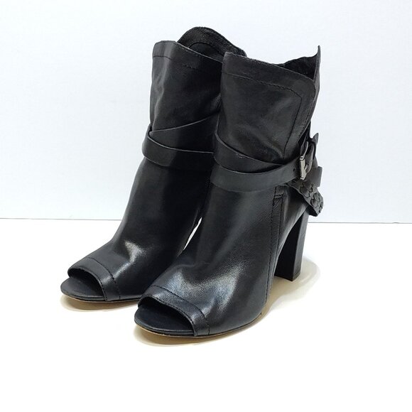 Vince Camuto Open-Toe Ankle Boots US 8.5M Leather Peep Toe Heels Buckle Detail - Picture 1 of 14